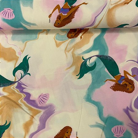 Viscose Estampada Fundo Colorido com Sereias