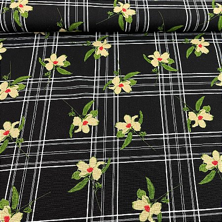 Linho Com Viscose Estampado Com Fundo Preto Quadriculados e Florzinhas Amarelas