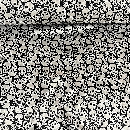 Cetim Estampado Fundo Preto Com Caveiras