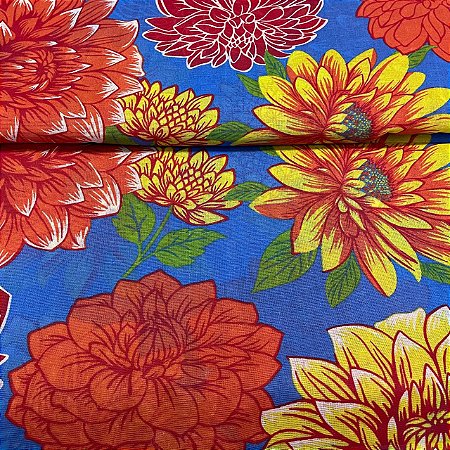 Chita Maxi Floral Fundo Azul Rosa e Amarelo