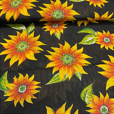 Chita Maxi Floral Girassol Fundo Preto