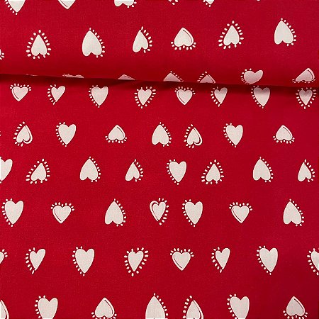 Viscose Estampada Fundo Vermelho com Corações Brancos