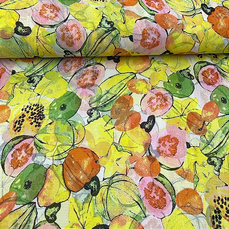 Crepe Estampado Fundo Branco Com Frutas