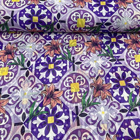 Crepe Estampado Indiano Lilás Com Floral