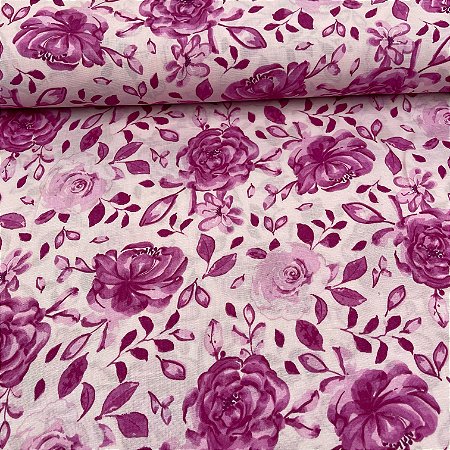 Crepe Estampado Fundo Rosa Com Floral Rosa