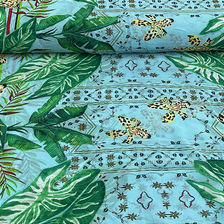Crepe Estampado Fundo Azul Clarinho Barrado Com Floral