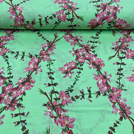 Crepe Estampado Fundo Verde Com Florzinhas Rosas