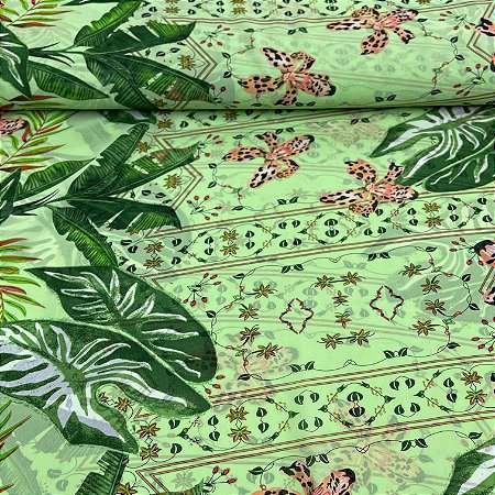 Crepe Estampado Fundo Verde Claro Barrado Com Floral
