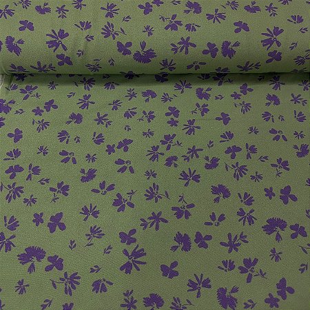Viscose Estampada Fundo Verde com Florzinhas Roxas