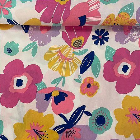 Viscose Estampada Fundo Branco com Floral Grande Colorido