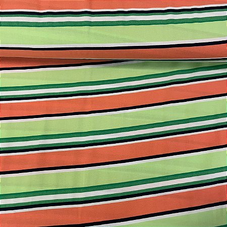 Viscose Estampada Fundo Listrado com Tons de Verde, Laranja, Preto e Branco