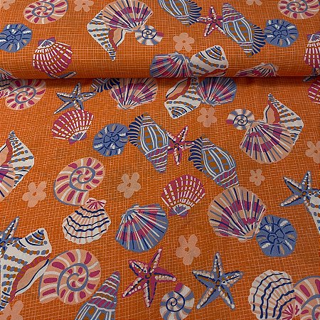 Viscose Estampada Fundo Laranja com Conchas e Florzinhas