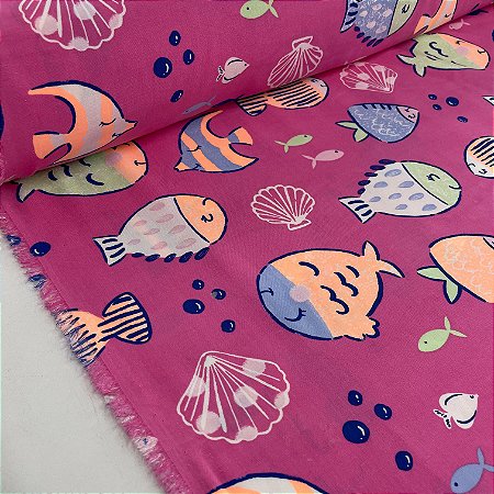 Viscose Estampada Fundo Rosa com Peixes