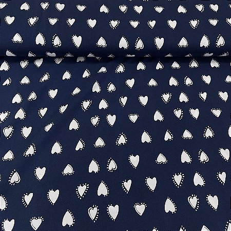 Viscose Estampada Fundo Azul Marinho com Corações Brancos