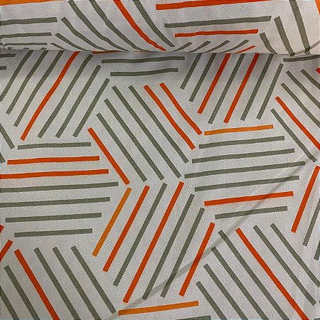 Percal Estampado 180 Fios Fundo Branco com Listras Geométricas Cinza e Laranja