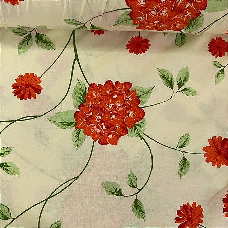 Percal Estampado 180 Fios Fundo Amarelo Clarinho com Floral Laranja
