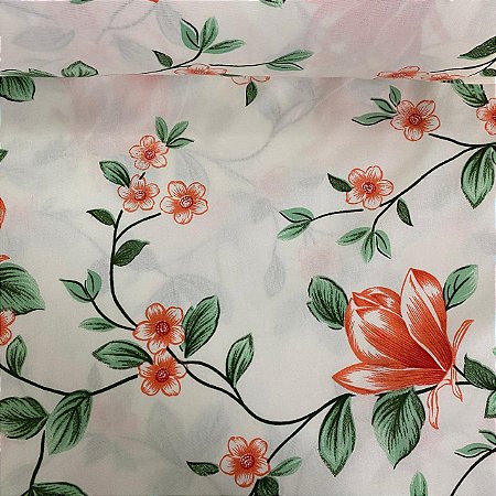 Percal Estampado 180 Fios Fundo Branco com Raminhos Verdes e Flores Salmão