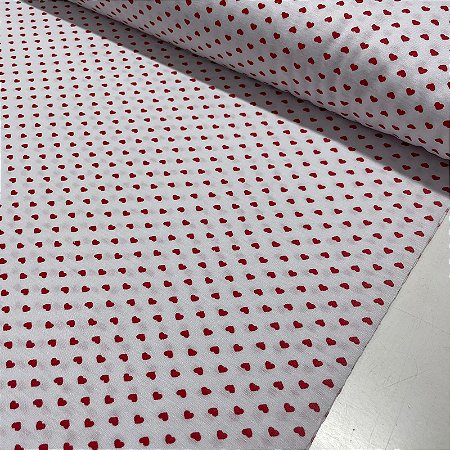 Poliviscose Estampado Fundo Branco Corações Vermelhos