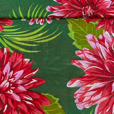 Chita Maxi Floral Fundo Verde Flores Vermelhas