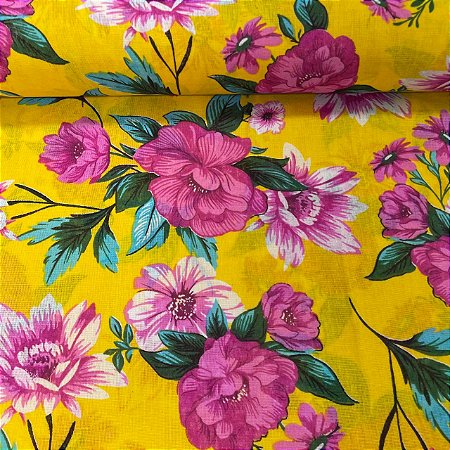 Chita Maxi Floral Fundo Amarelo Flores Rosas