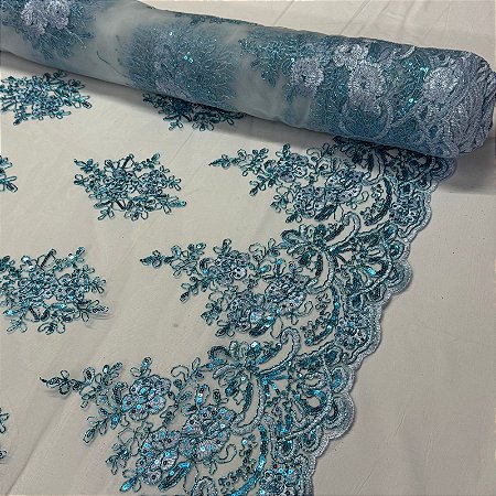 Tule Bordado Cord Spangle Shine Azul Iemanjá
