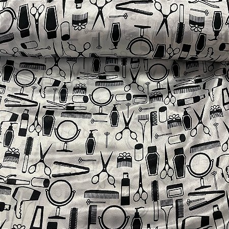 Cetim Estampado Fundo Branco Com Itens Barbearia