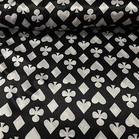 Cetim Estampado Fundo Preto Com Naipes Branco
