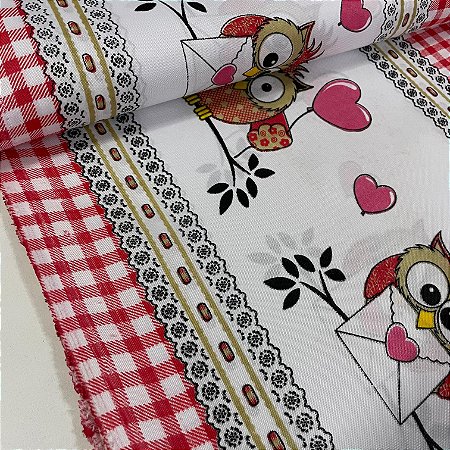 Oxford Estampado Nacional Barrado de Corujinhas Com Xadrez Vermelho