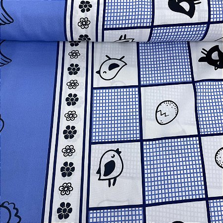 Oxford Estampado Barrado com Galinha e Xadrez Azul