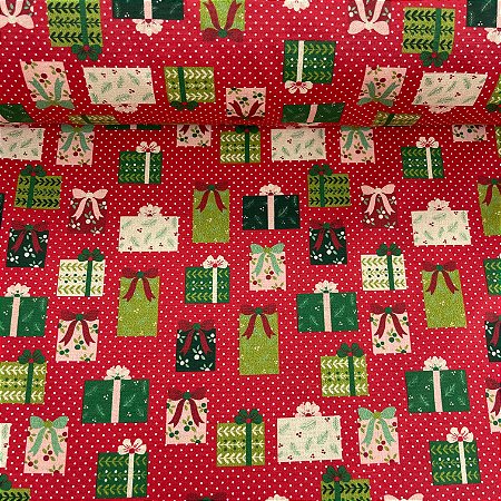 Tricoline Estampada de Natal Fundo Vermelho com Poá Branco e Presentes