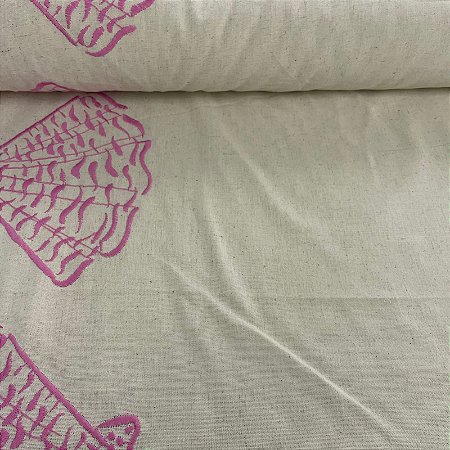 Linho com Viscose Bordado Conchas Rosa Barrado