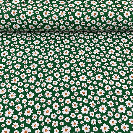 Tricoline Estampada Bahamas Fundo Verde Com Florzinhas Brancas