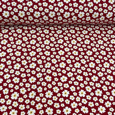 Tricoline Estampada Bahamas Fundo Vermelho Com Florzinhas Brancas