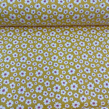 Tricoline Estampada Bahamas Fundo Amarelo Com Florzinhas Brancas