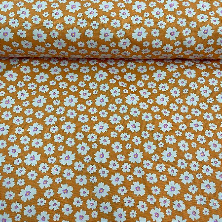 Tricoline Estampada Bahamas Fundo Laranja Com Florzinhas Brancas