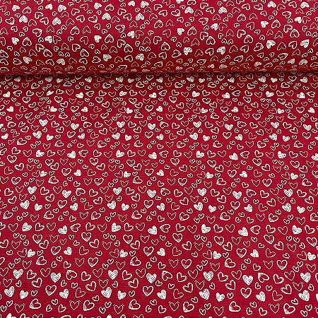 Tricoline Estampada Bahamas Fundo Vermelho Com Corações Brancos