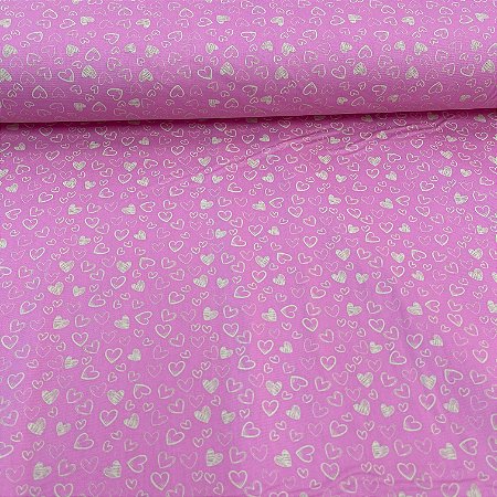 Tricoline Estampada Bahamas Fundo Rosa Com Corações Brancos