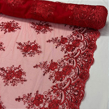 Tule Bordado Cord Spangle Shine Vermelho