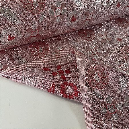 Lame Estampado Floral Rosa e Prata