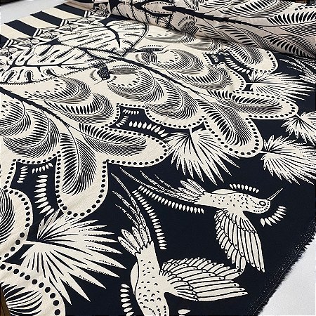 Viscose Digital Nacional Barrado Com Floral e Passaros