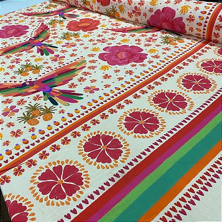Viscose Digital Nacional Barrado Com Floral e Araras Coloridas