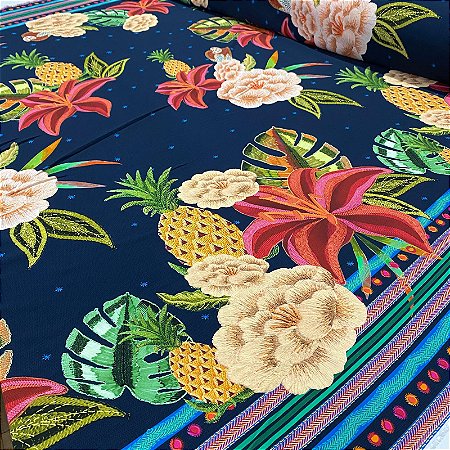 Viscose Digital Nacional Barrada Flores e Abacaxi Com Fundo Azul Marinho