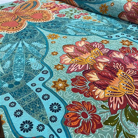 Viscose Digital Nacional Fundo Verde Com Floral Colorido