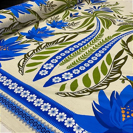 Viscose Digital Nacional Barrado e Floral Azul Com Fundo Bege e Folhas Verdes