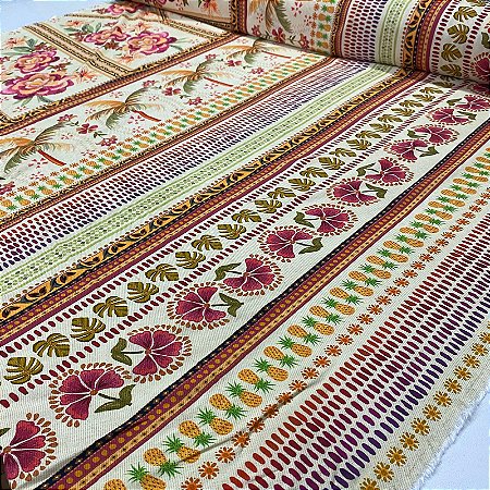 Viscose Digital Nacional Barrado Com Frutas e Flores Quadriculados Florais