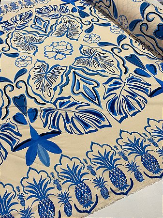 Viscose Digital Nacional Barrado Com Fundo Bege e Floral Azul