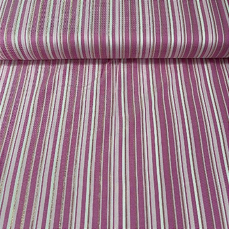Viscose Estampada Listrada Rosa e Branco com Fios Dourados