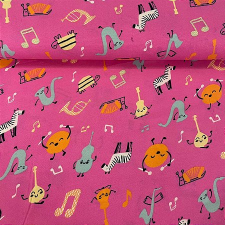Viscose Estampada Musical Fundo Rosa