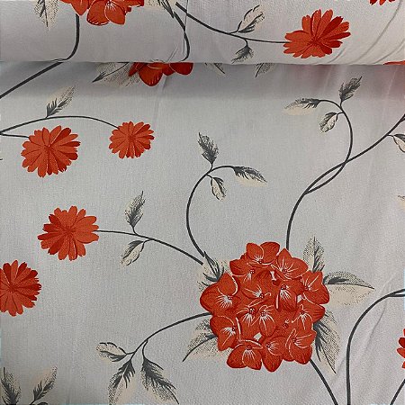 Percal Estampado 180 Fios Fundo Branco com Floral Laranja