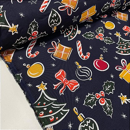 Oxford Estampada de Natal Fundo Marinho Com Árvore e Enfeites